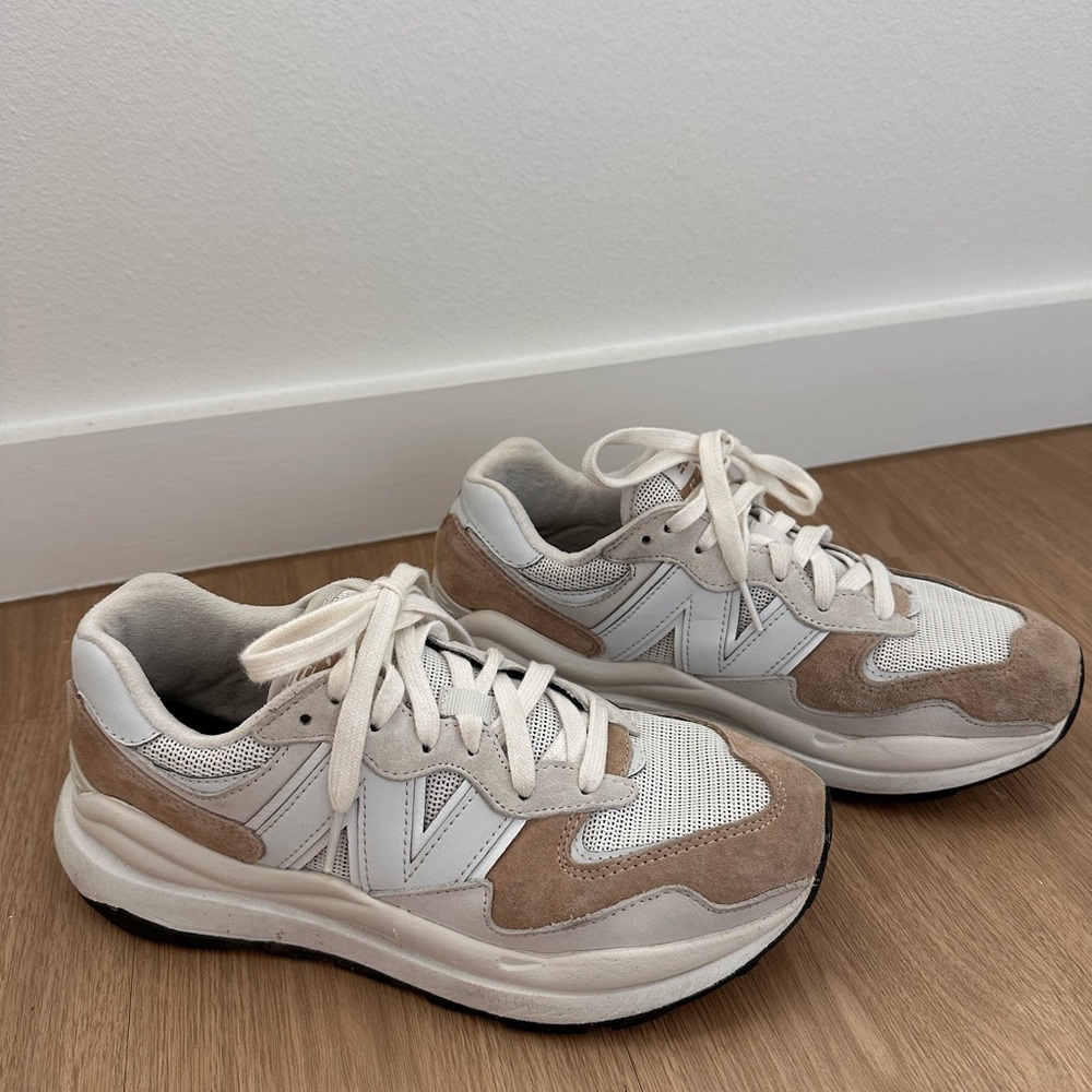 New Balance 57/40 White and Tan Sneakers